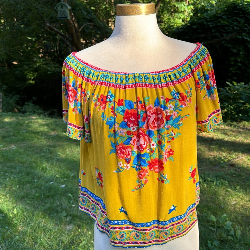 Flying Tomato Off Shoulder Yellow Floral Peasant Blouse - Picture 2 of 6